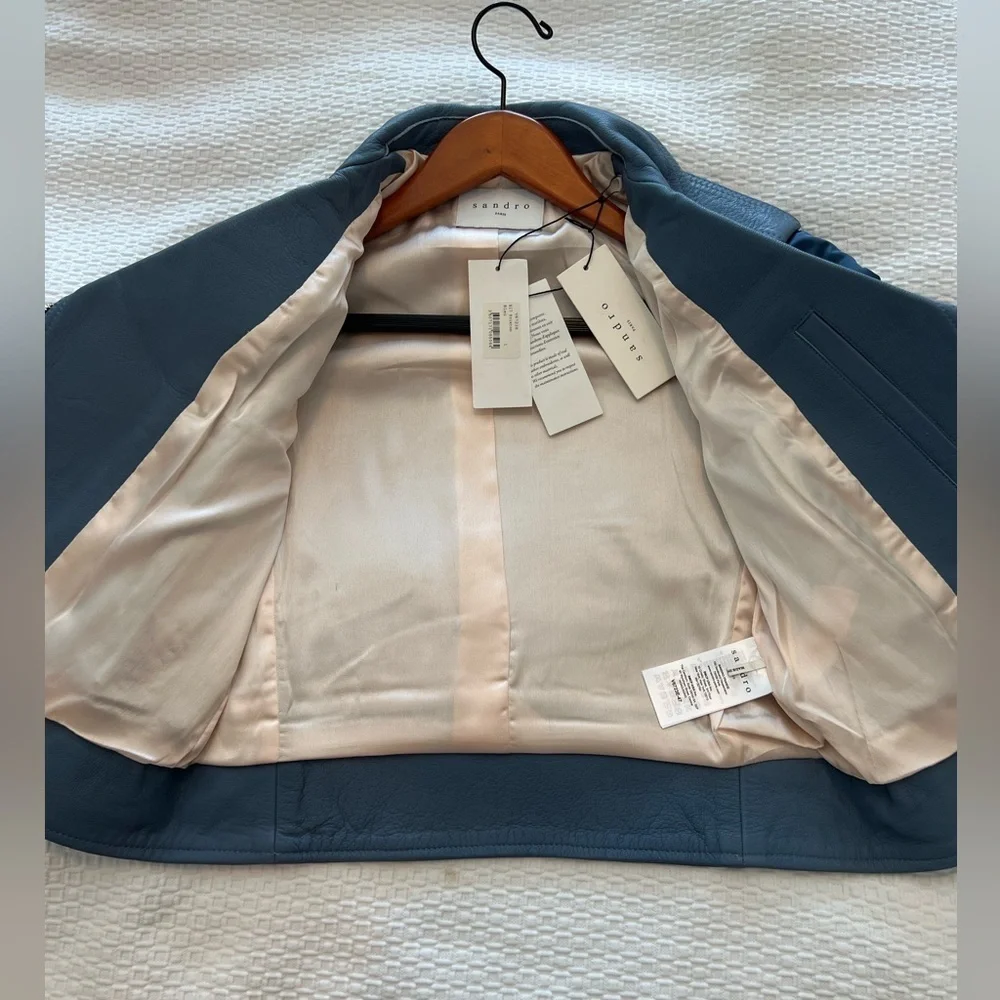 SANDRO Blue Ruched Shell-Paneled Sleeves Leather Goat Biker Jacket - Picture 14 of 16